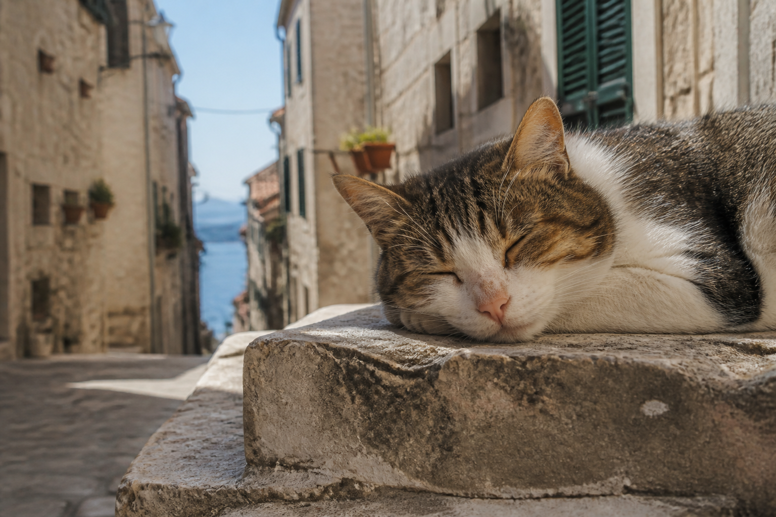 Eine gerettete Katze ruht friedlich in einer sonnigen Gasse in Kroatien.